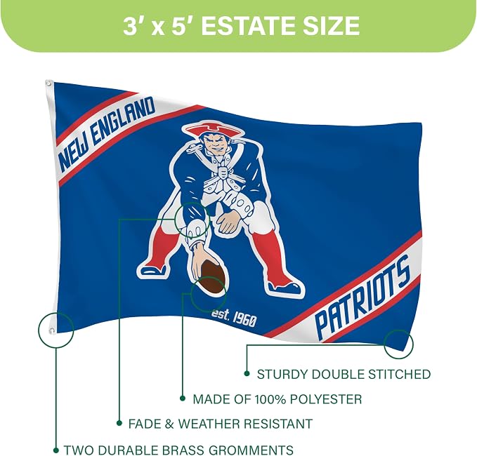 NFL New England Patriots Flag with Vintage Logo, 3' x 5' Outdoor Estate Flag with Grommets, Outdoor Banner for Garden Patio Decoration, Indoor Wall Decor Flag for Room, Works with Flag Poles for Outside House