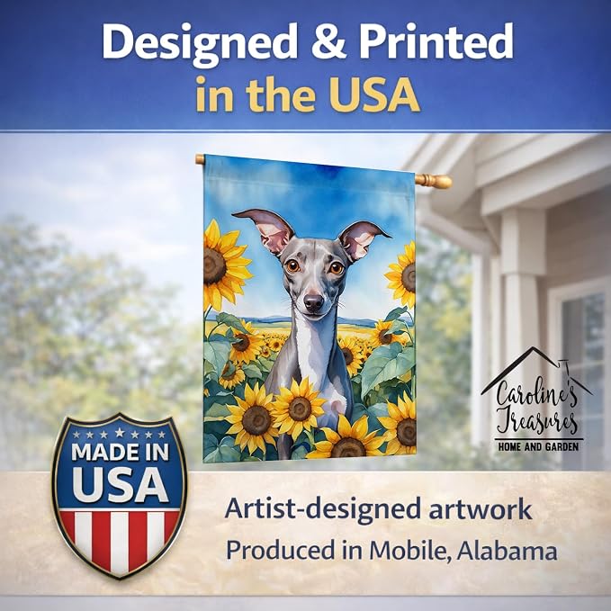 Caroline's Treasures DAC6101CHF Italian Greyhound in Sunflowers House Flag Large Porch Sleeve Pole Decorative Outside Yard Banner Artwork Wall Hanging, Polyester, House Size, Multicolor