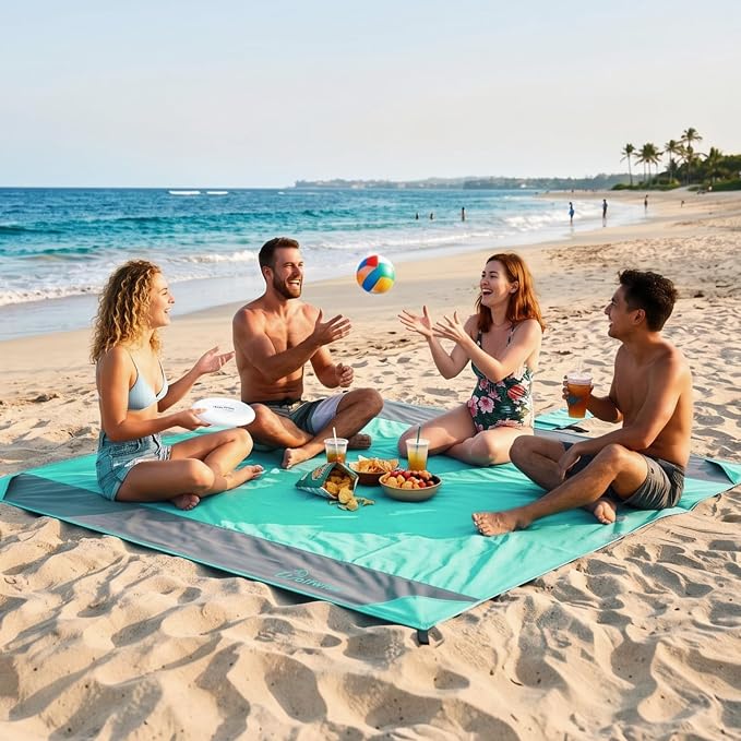 Wolfwise 78" × 81" XXL Beach Blanket, Waterproof & Sandproof Picnic Mat with 4 Sand Pockets & 4 Stakes, Windproof Outdoor Camping Beach Mat, Lightweight, Fits 4 People, Pink