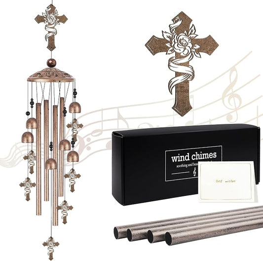 Memorial Wind Chimes for Outside, Cross Windchimes with Rose Design, Sympathy Gifts for Loss of Loved One Bereavement Garden Decor