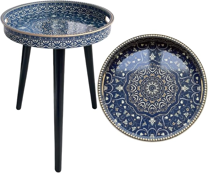 Round Indoor Side Tables with Detachable Wooden 3 Legs, Versatile Tray Table, Perfect for Round Coffee Table Tea, and Relaxation Time 17.7 Inch (33 Blue Maze)