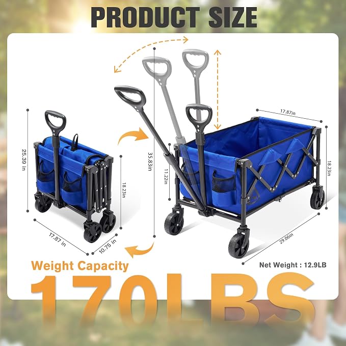 Wagon Cart Shopping Cart Large Capacity Collapsible Wagon with Wheels On Beach Garden Outdoor Utility Carts for Grocery All Terrain Portable Wagons Carts for Groceries Sand Camping Sports Blue