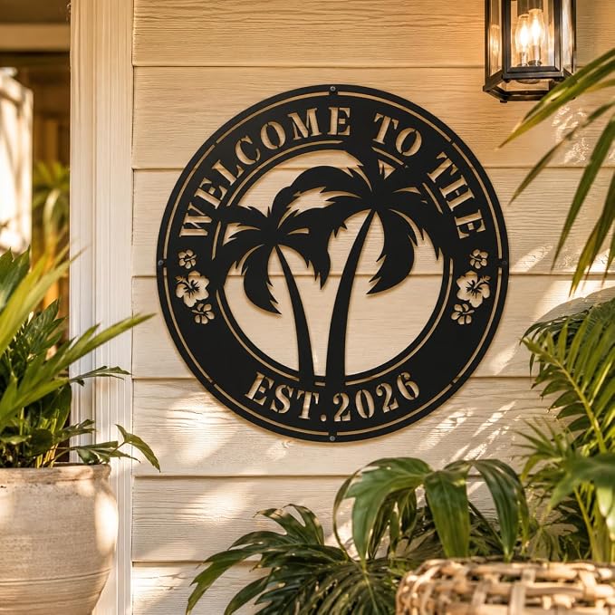 Personalized Metal Palm Tree Pool Sign, Custom Family Name Patio Sign, Outdoor Poolside Paradise Decor, Last Name Metal Welcome Sign for Backyard Pool Area