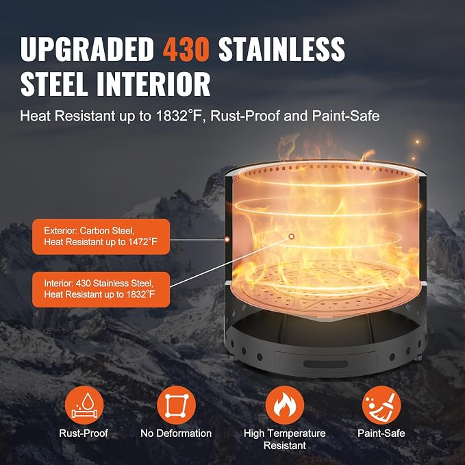VEVOR Smokeless Fire Pit Stove Bonfire, H: 15.4 in x Dia: 19.3 in,Wood Burning Fireplaces with Removable Ash Pan, SUS430 Stainless Steel Inner Portable Outdoor Firepit, for Outdoor Patio Camping