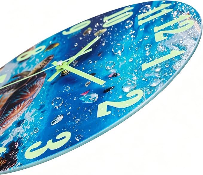 jomparis Outdoor Clocks Waterproof 12 Inch Coastal Sea Turtle Luminous Glass Wall Clock for Pool Patio Bathroom