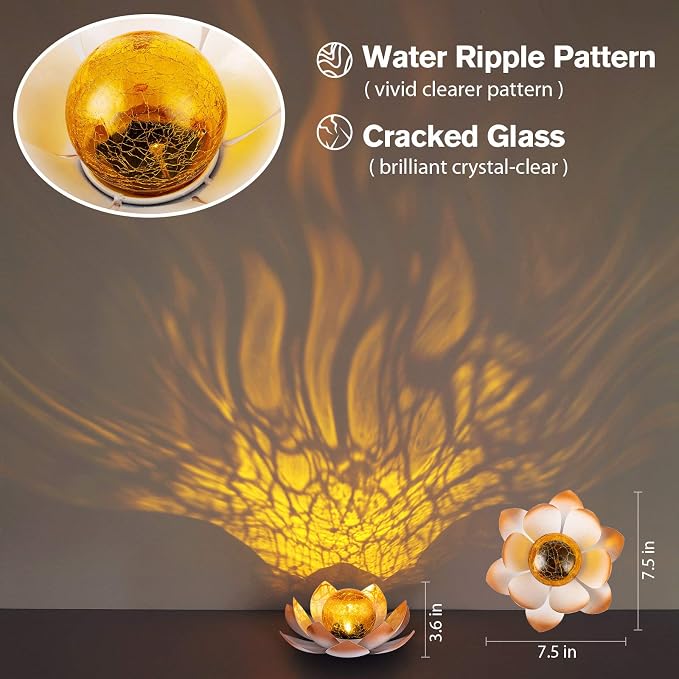 AIINY Garden Solar Lights Outdoor(2Pack), Amber Crackle Globe Glass Lotus Decoration, Waterproof Orange Metal LED Flower Lights for Patio,Lawn,Walkway,Tabletop,Ground, Garden Gifts for Women