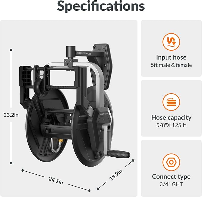 Giraffe Tools Garden Hose Reel Wall Mount, 125FT 5/8" Hose Capacity, Heavy Duty Water Hose Reel for Outside, Retractable Hose Guide with Crank, 210° Swivel, for Yard Lawn Garage