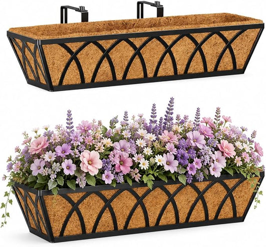 Railing Planter Boxes 24 Inch 2 Pack, Heavy Duty Adjustable Hanging Planters with Coco Liners, 2-in-1 Balcony Planters for Deck Porch Patio Garden