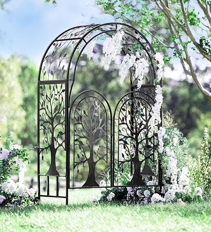 Plow & Hearth Metal Tree of Life Arched Garden Arbor with Gate | 7 feet Tall Laser-Cut Design | Plant Support for Heavy Vines | Landscape Focal Point | Iron Steel