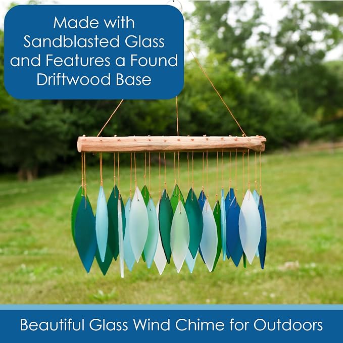 Blue Handworks Ocean Breeze Glass Chime, Sandblasted Glass and Found Wood Handcrafted Wind Chime | Sandblasted Glass and Found Wood Handcrafted Wind Chime