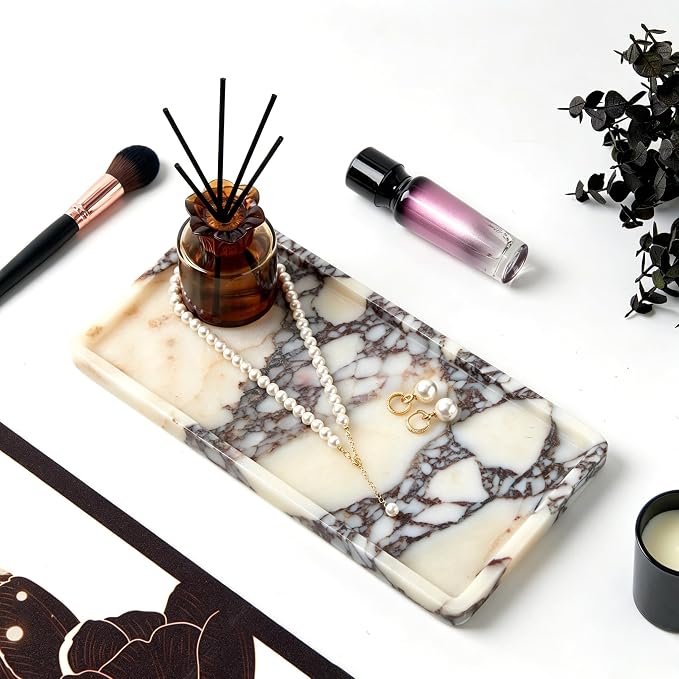 Luxury Natural Rectangle Marble Tray – 11.8 x 5.9-Inch Calacatta Viola Stone Vanity Tray, Modern Makeup Organizer for Perfume Skincare Products, Decorative Tray for Bathroom Coffee Table & Dresser