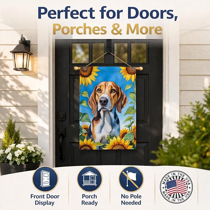 Caroline's Treasures DAC6009CHF American Foxhound in Sunflowers House Flag Large Porch Sleeve Pole Decorative Outside Yard Banner Artwork Wall Hanging, Polyester, House Size, Multicolor