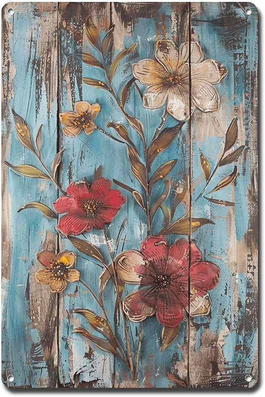 Metal Sign Tin Sign Vintage Wall Art Vintage Longevity Flowers Tin Sign for Shabby Chic Style Rustic Wall Art and Distressed Wood Pane Tin Signs for Garden for Home Decor 6×8 Inches
