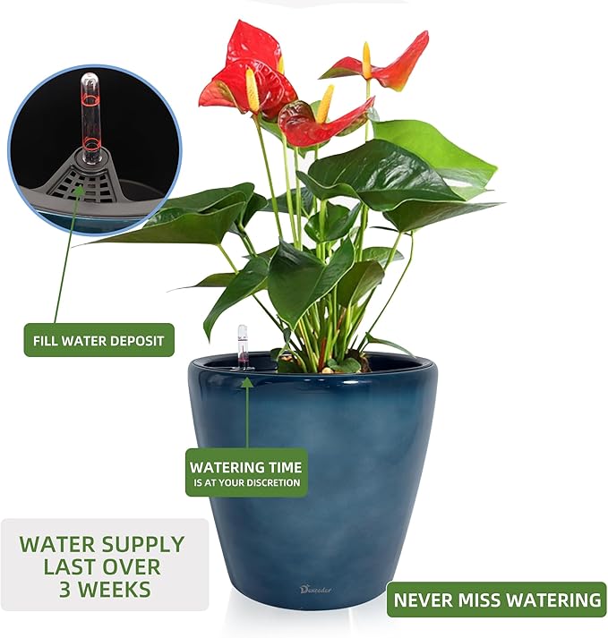 Dexceder 15x14 Self Watering Planter with Wheels (Grayish Green Gradient) | Inner Pot Design, Thickened Large Floor Standing Flower Plant Pot with Water Level Indicator Indoor Outdoor