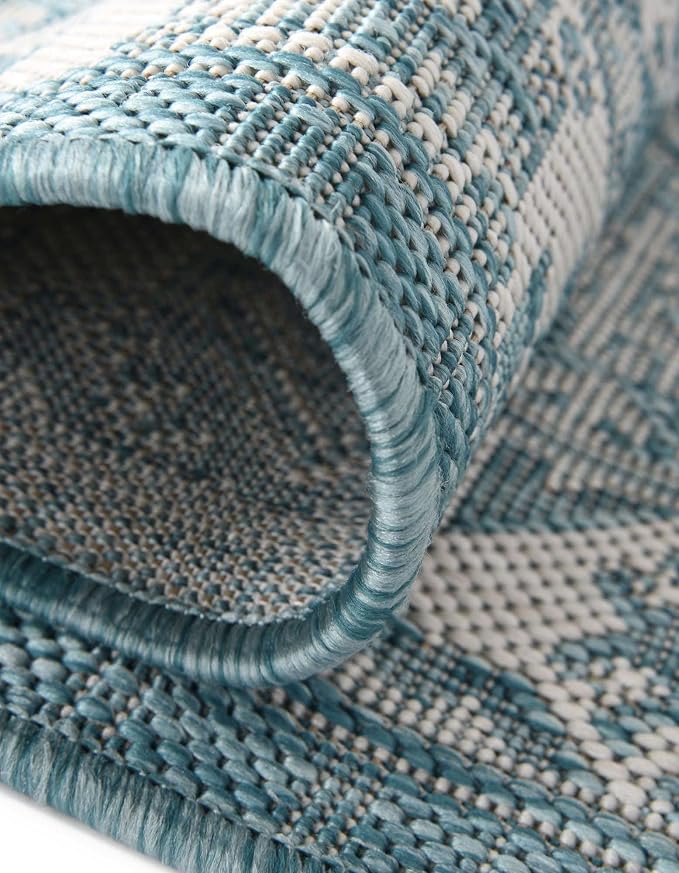 Unique Loom Outdoor Aztec Collection Area Rug - Chalca (5' 3" Octagon, Aqua/ Ivory)