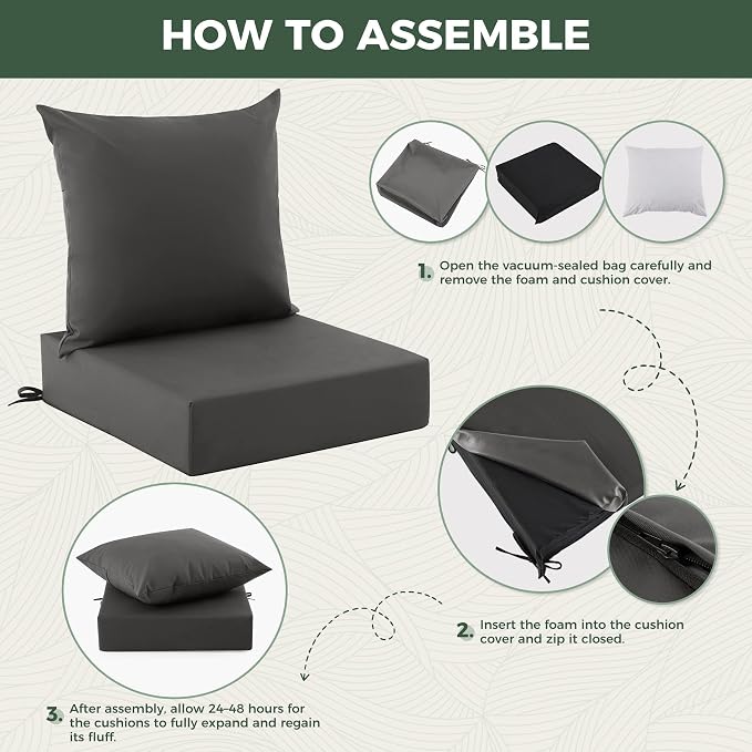 Outdoor Cushions for Patio Furniture, Outdoor Seat Cushion Set 24 x 24 x 5.75 Inch, Waterproof & Fade Resistant Outdoor Chair Cushions, Deep Patio Chair Cushion with Removable Cover, Dark Grey