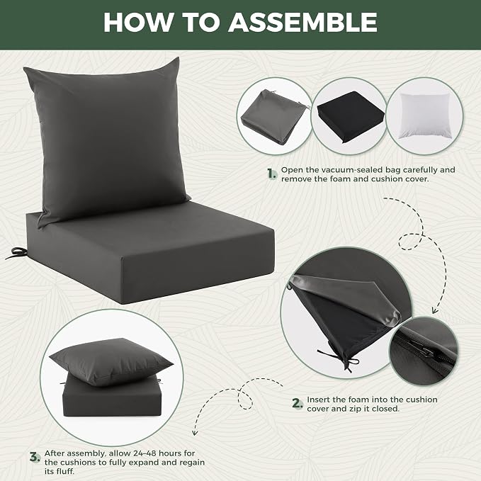 Outdoor Cushions for Patio Furniture, Outdoor Seat Cushion Set 24 x 24 x 5.75 in, Waterproof & Fade Resistant Outdoor Chair Cushions, Patio Cushion with Removable Cover, Set of 2, Dark Grey