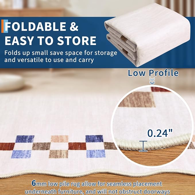 GarveeHome Washable Rug 5x7 for Living Room Large Bedroom Scalloped Rug | Non Slip Stain Resistant Modern Border Throw Carpet Soft Neutral Rug for Dining Room Nursery Home Office, Colorful