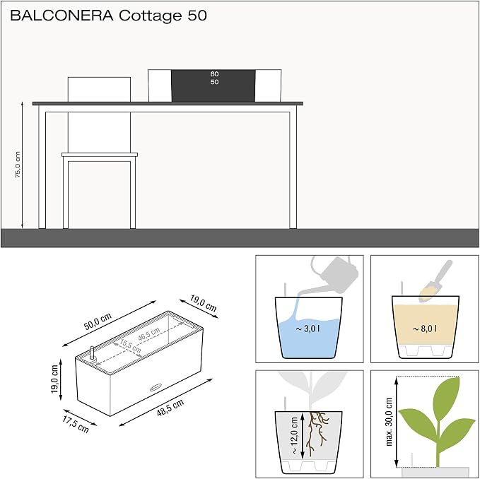 Lechuza BALCONERA Cottage 50 Mocha, Self-Watering Window Box (Railing Planter), H7.5 L19.7 W7.5 in