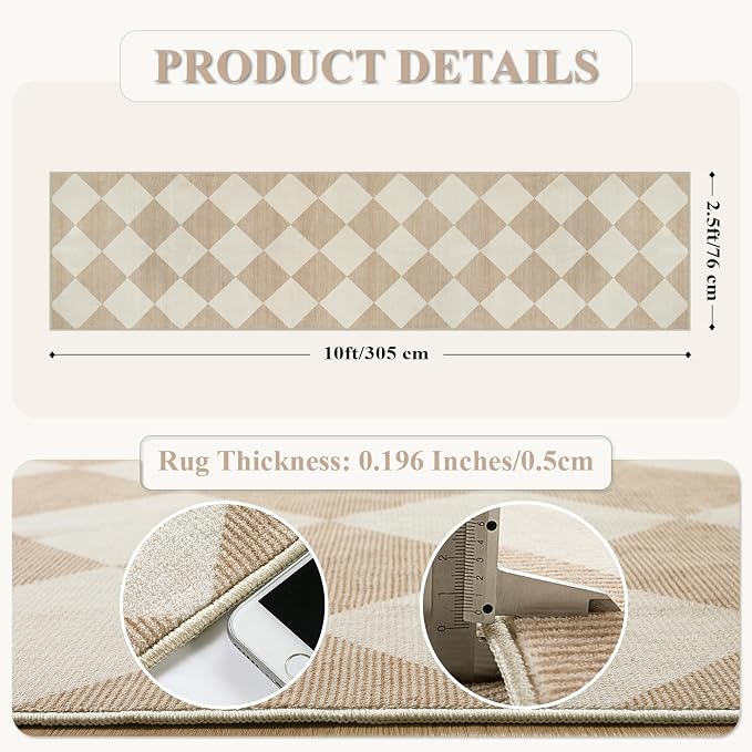 Beeiva Checkered Print Long Hallway Runner Rug Non Slip, Beige Ultra Thin 2.5x10 Washable Runner Rug, Moroccan Trellis Home Decor Faux Wool Neutral Carpet for Bathroom Kitchen Hallways, 10ft