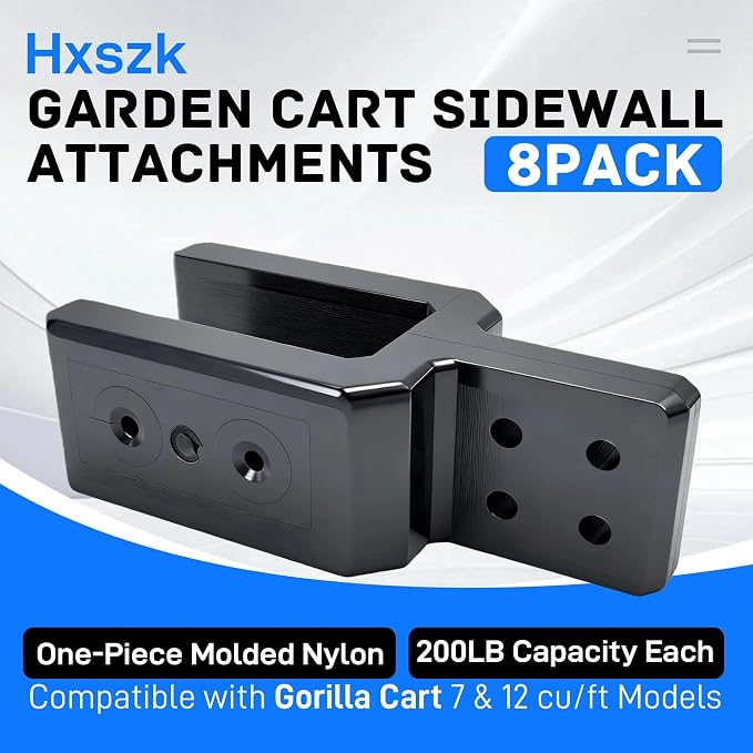 Maximum Coverage Garden cart Sidewall Brackets (8-Pack) - One-Piece Molded Nylon, 200LB Capacity Each, Compatible with Gorilla Cart 7 & 12 cu/ft Models, Black