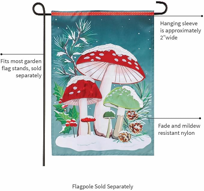 Evergreen Flag Woodland Winter Mushroom Welcome Garden Flags 12x18 Double Sided, Small Garden Flags for Outside, Christmas Garden Flag, Winter Yard Flags Outdoor Decoration