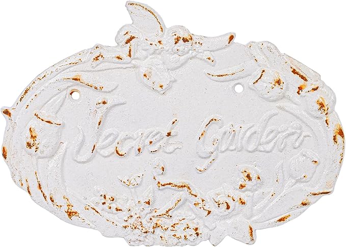 Sungmor Vintage Cast Iron “Secret Garden” Sign - Shabby Chic White Wall Plaque, Outdoor Garden Decorative Sign, French Country Cottage Wall Décor for Fence, Gate, or Patio, Distressed Rustic Finish