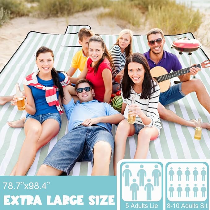 80" x 100" Extra Large Picnic Blankets Beach Mat Sandproof Waterproof Foldable Oxford Blanket Beach Mat Picnic Stuff for Family Camping Hiking Party Park Grass(Green and White,Stripe)