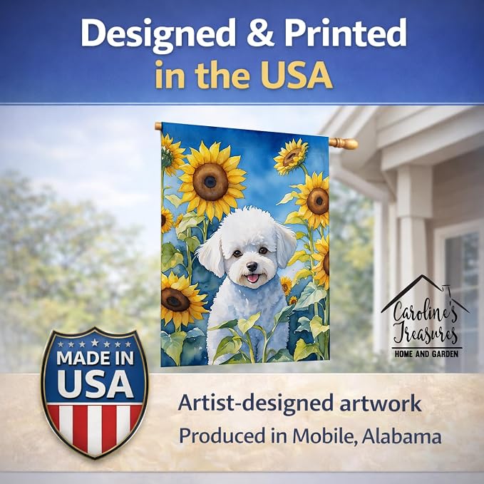 Caroline's Treasures DAC6027CHF Bichon Frise in Sunflowers House Flag Large Porch Sleeve Pole Decorative Outside Yard Banner Artwork Wall Hanging, Polyester, House Size, Multicolor