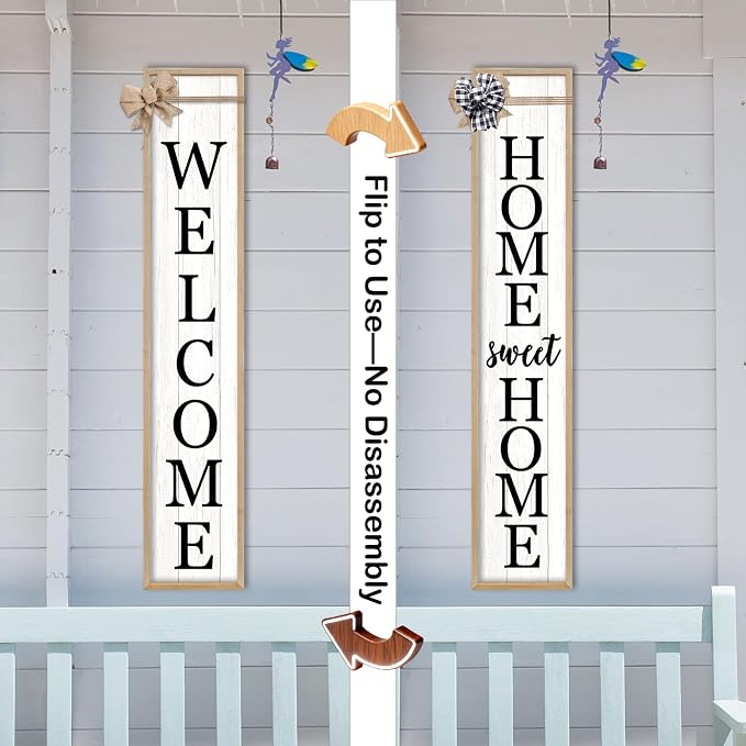 Outdoor 2in1 Welcome Sign for Front Door Home Sweet Home Sign for Farmhouse Tall Outdoor Front Porch Standing 2 Sided 45"X9" Large Vertical Leaner Rustic Outside Decor (Wood White)
