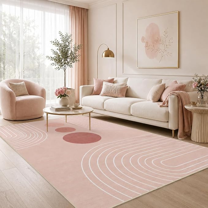 Area Rug 5x7 Boho Modern Minimalist Geometric Abstract Rug Pink Mid Century Modern Rug for Living Room Machine Washable Non-Slip Printed Low Pile Indoor Carpet for Bedroom Dining Room Office Pink