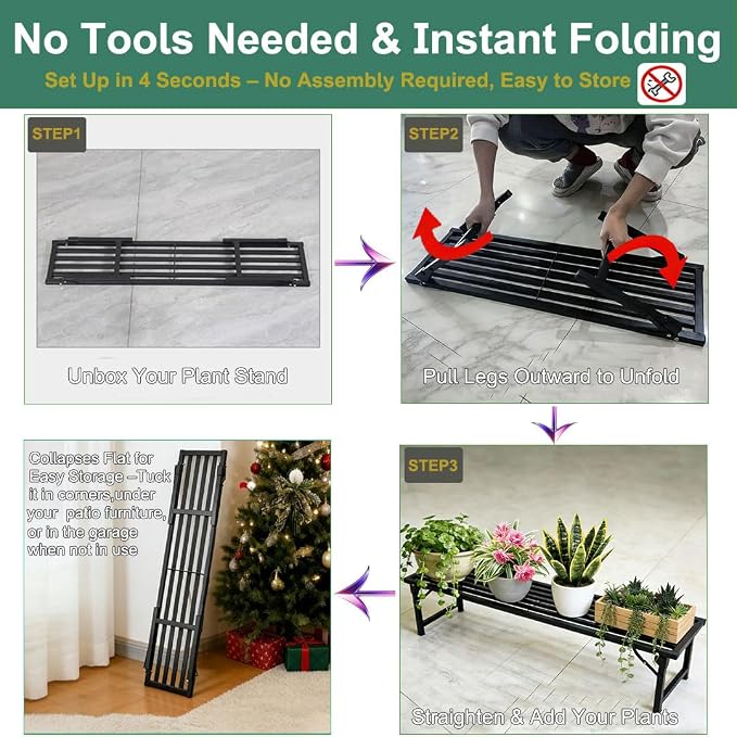 Foldable Single Tier Plant Stand, Heavy Duty Iron Plant Shelf，Anti-Rust Waterproof Flower Pot Stand, Tool-Free Quick Fold, Modern Plant Display for Indoor Outdoor Patio Balcony Garden Livingroom Windowsill ,Plant Lovers, Display Stand （L33" x H7.8" x W...