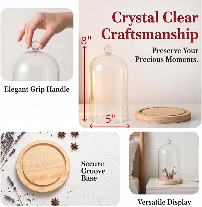 Lyellfe 2 Pack Cloche Glass Dome, 8'' x 5'' Dome Cloche with Rustic Wooden Base, Glass Cloche Bell Jar Display for Plants, Fairy Lights or Table Decor
