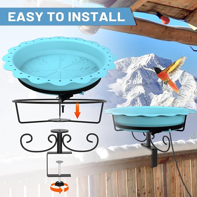 Heated Bird Baths for Outdoors, 100W Heated Bird Bath for Deck Railing, Heated Birdbath with Thermostat Control, Heated Bird Bath for Outside Winter Garden Patio Yard (Blue)