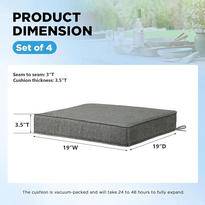 19 x 19 Inch Sunbrella Outdoor Chair Cushions with Tie Straps, Set of 4 Thick Water Repellent Square Patio Chair Pads for Garden Lawn Patio Furniture, Demo Graphite