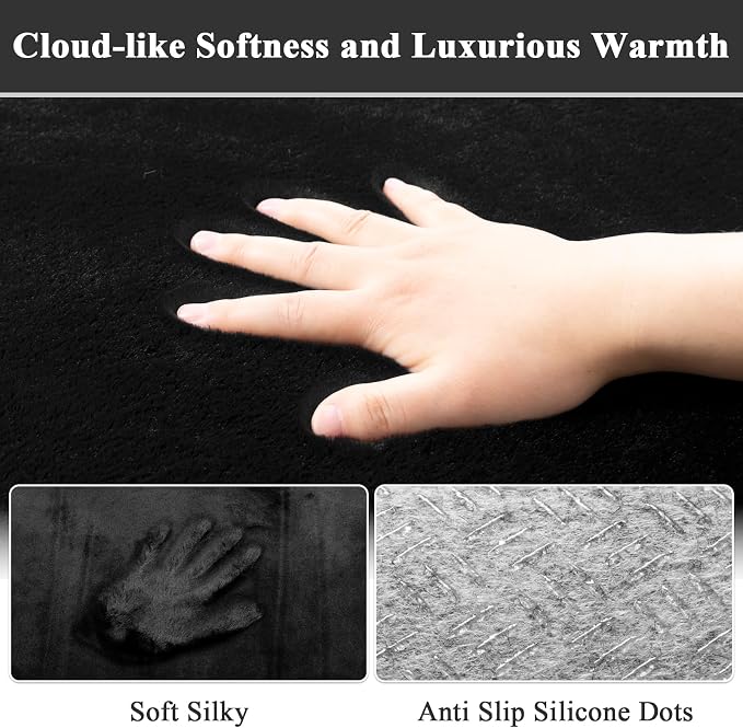 SHACOS Ultra Soft Faux Rabbit Fur Area Rug 6'x9', Non Slip Washable Padded Living Room Rugs, Fluffy Cozy Indoor Modern Carpet for Bedroom Dining Room Kids Room Dorm Home Decor, Black