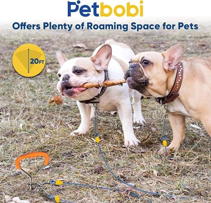 Petbobi Dog Tie-Out Cable and Stake - 20ft Heavy Duty Cable with Spring, No Tangle, 16in Ground Stake, Ideal for Yard, Camping and Beach, Suitable for Small Medium Large Dogs Up to 120 lbs, Blue