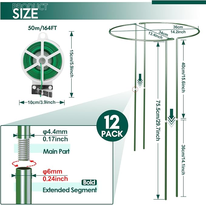 12 Pack 30 inch Plant Support Stakes, Heavy-Duty Half Round Peony Support, Garden Plant Stakes Cage for Outdoor Plants, Peony, Tomato, Hydrangea, (15ln Support +15ln Stainless Extension Tubes)