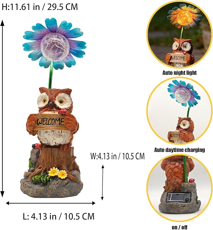 COWOS Solar Powered Owl Garden Statue with Glowing Flower Light, Hand-Painted Resin Figurine for Outdoor Patio, Yard, Lawn Decor, Gift for Nature Lovers