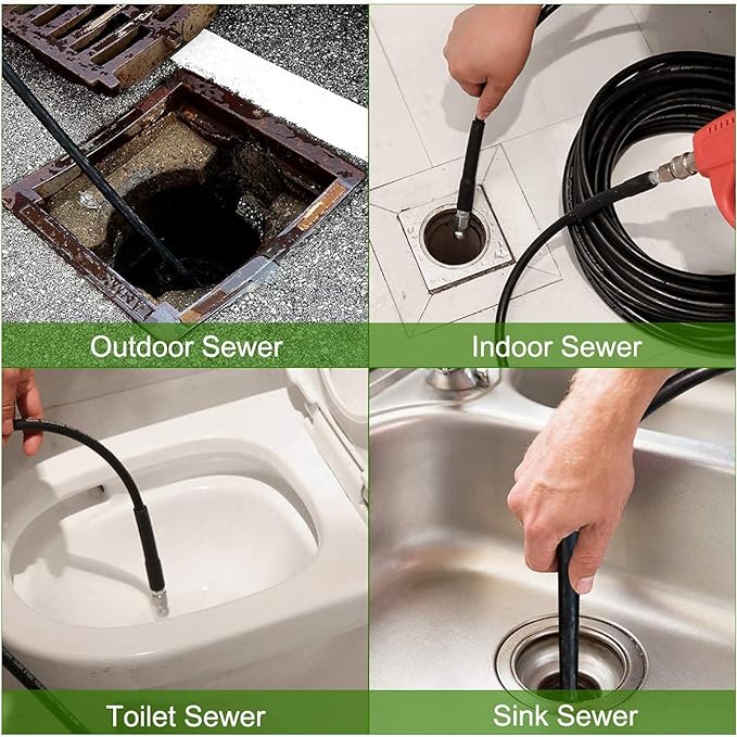 70FT Sewer Jetter Kit for Pressure Washer, 5800PSI Drain Cleaner Hose 1/4 Inch NPT, Corner, Rotating and Button Nose Sewer Jetting Nozzle Waterproof Tape Pearl Corsage Pin with 2Pcs Spanner