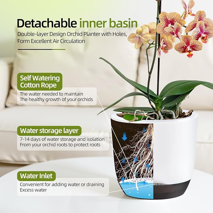 QCQHDU 2 Pack 5.7 Inch Orchid Pots with Holes for Repotting, Double-Layer and Self Watering Orchid Pot with Good Air Circulation