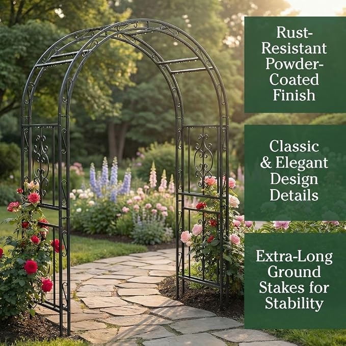 Plow & Hearth Arch Metal Outdoor Garden Arbor | Montebello | 7 Feet Tall | Steel Iron Trellis Lattice for Climbing Plants & Heavy Vines | Wedding Outdoor Patio Décor