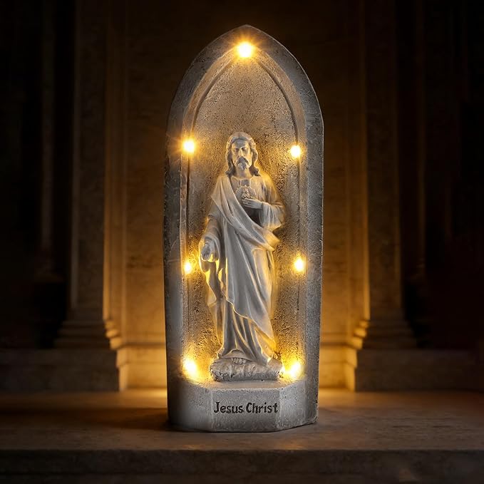 11.4" 7 Solar Light Jesus Statue Outdoor Decor, Religious Blessed Father Statue with LED Light, IP44 Waterproof Outdoor Figurine for Home/Garden Decor, Gift for Men/Father