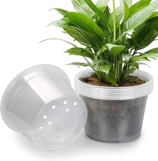 10 Pack 8 Inch Large Clear Nursery Pots with Drainage Hole, Plastic Plant Pots for Seedlings Flowers Vegetables, Indoor Outdoor Gardening, Used as Liners Inside Decorative Pots (8 inch)