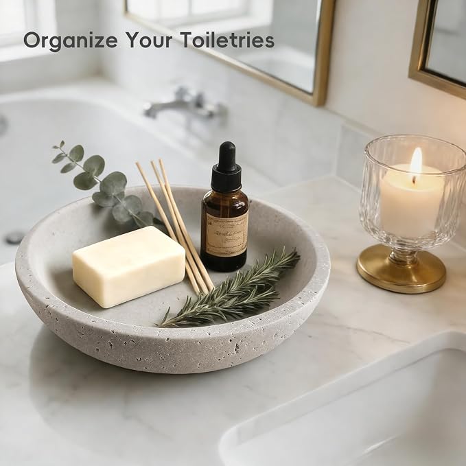 Decorative Bowl,Travertine Bowl Modern Key Bowls for Entryway Table, Pedestal Bowls for Dining Table Center,Living Room, Kitchen Decor Modern Home Decor Marble Bowl (7.8 Inch)