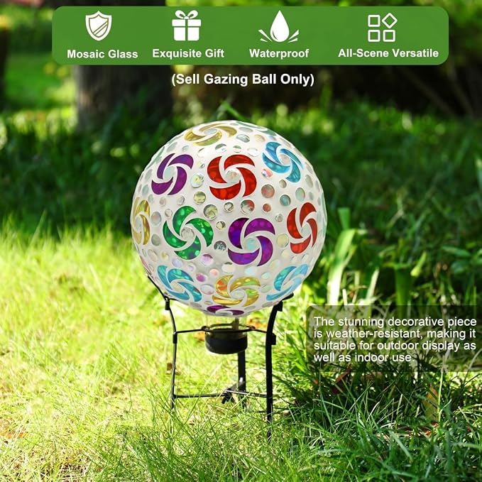 SAVENNA Mosaic Garden Gazing Ball, 8 Inch Decorative Glass Sphere for Outdoor Garden, Lawn & Patio, Fade-Resistant All-Season Yard Art, Multicolor Pinwheel Pattern