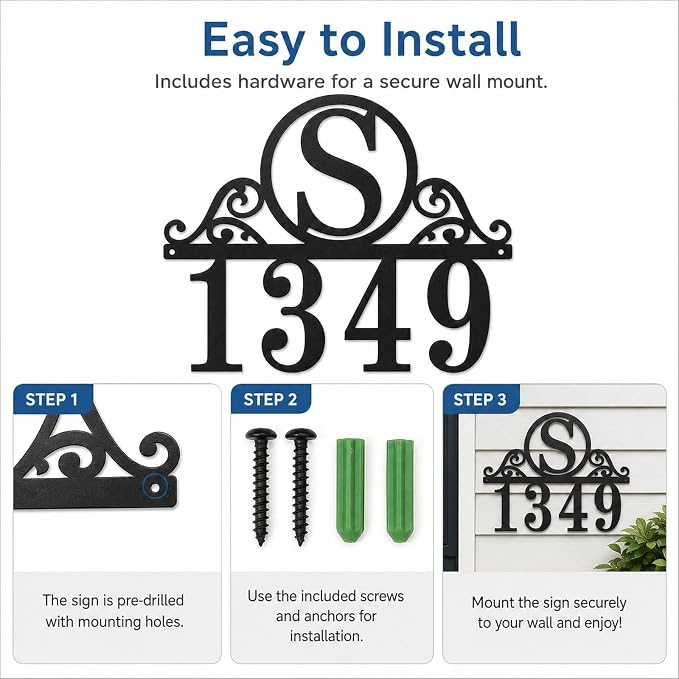 Personalized Metal Address Sign Custom House Number Plaque with Monogram Initial Decorative Scroll Numbers for Outside Front Door Porch Entryway Garden Patio Yard Decor