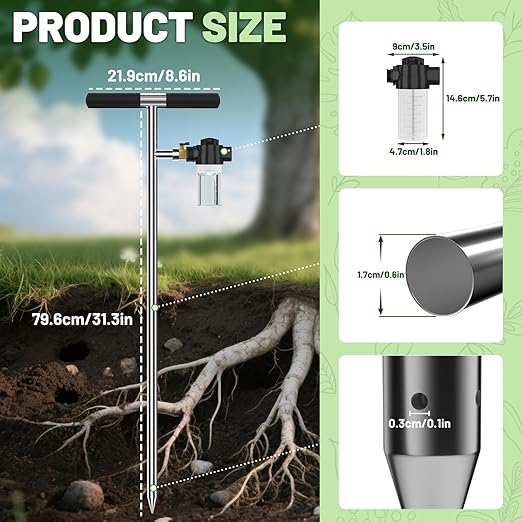 Deep Root Tree Watering Tool, Stainless Steel Tree Watering Spike with Fertilizer Bottle, Root Feeder with Brass Valve T-Handle, Irrigation System Watering Stake for Garden Orchard Shrub