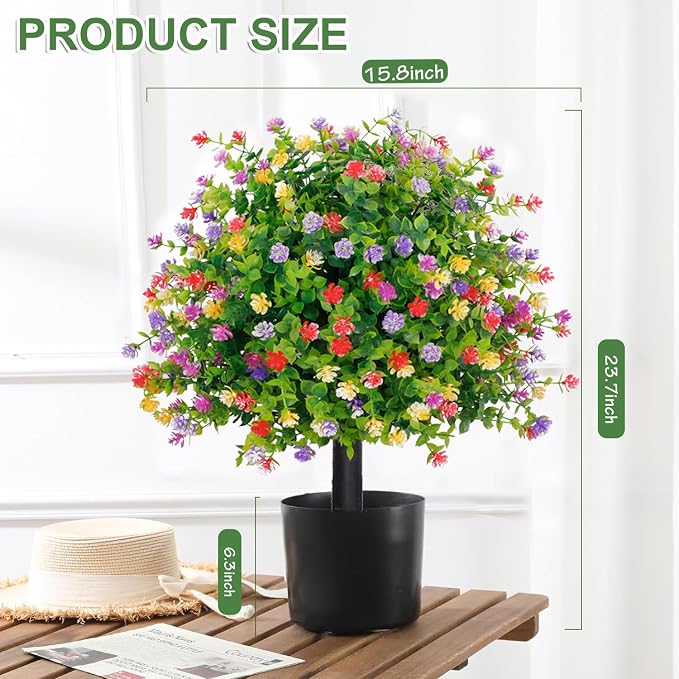 THKFUL Topiary Flower Ball Artificial Outdoor Set of 2,Fake Eucalyptus Boxwood Ball Evergreen Tree with Spike,UV Resistant Faux Shrubs Plants D15.8 for Outdoor Planter,Spring,Porch Decor