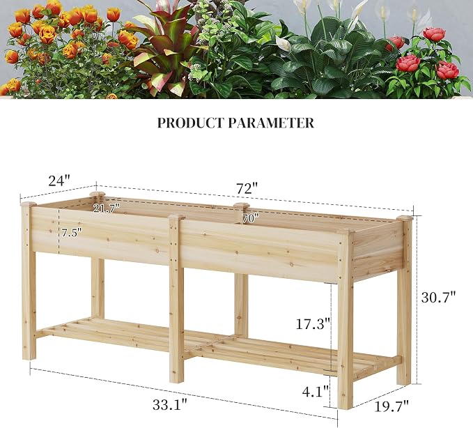 72x24x30.5in Raised Garden Bed Elevated Wood Planter Box with Shelf Garden Planter with Legs for Backyard, Patio, Balcony w/Divider Liner, 300lb Capacity -(Natural)